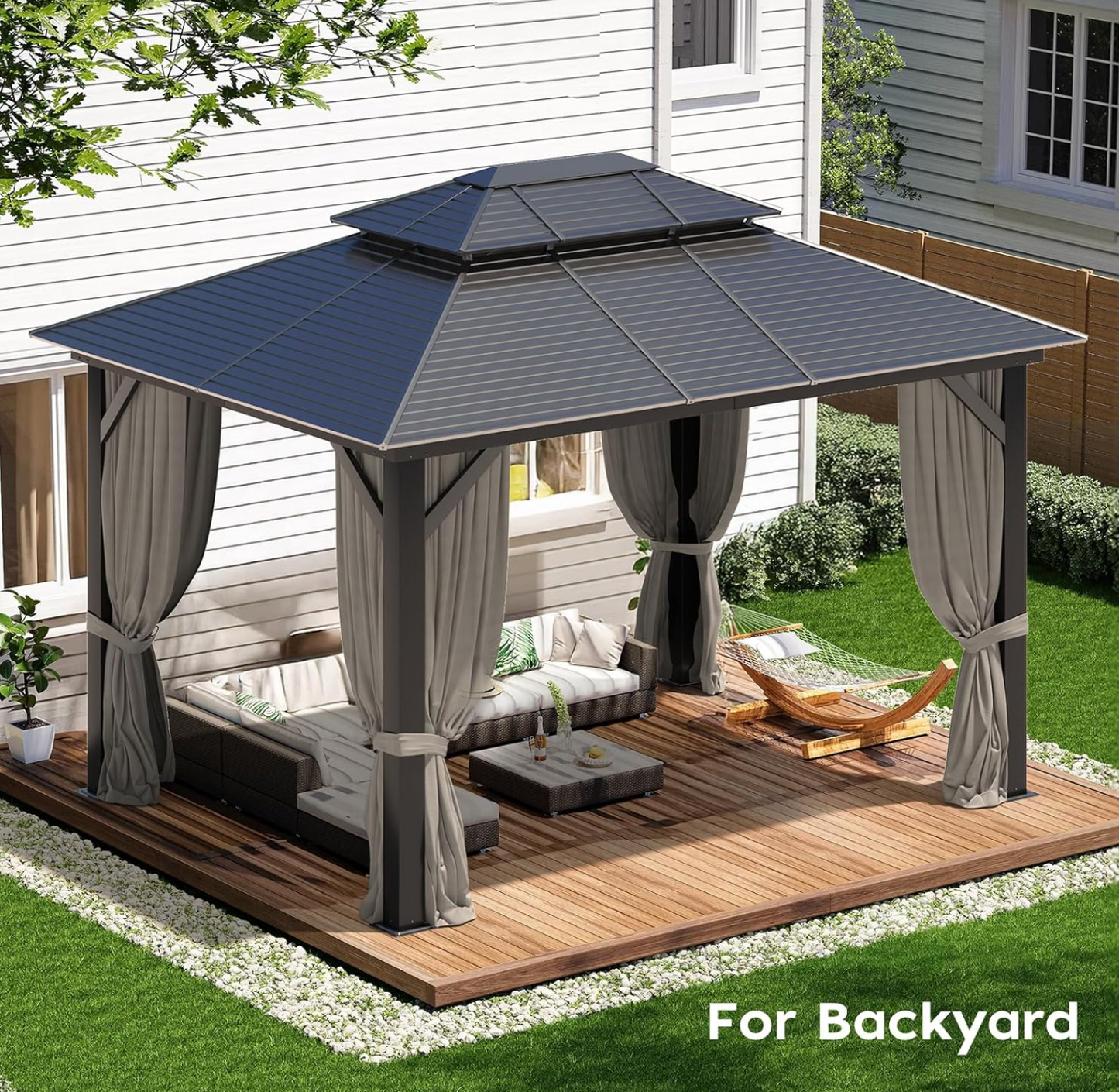 10x12ft Hardtop Gazebo With Curtain, Netting, Double Roof
