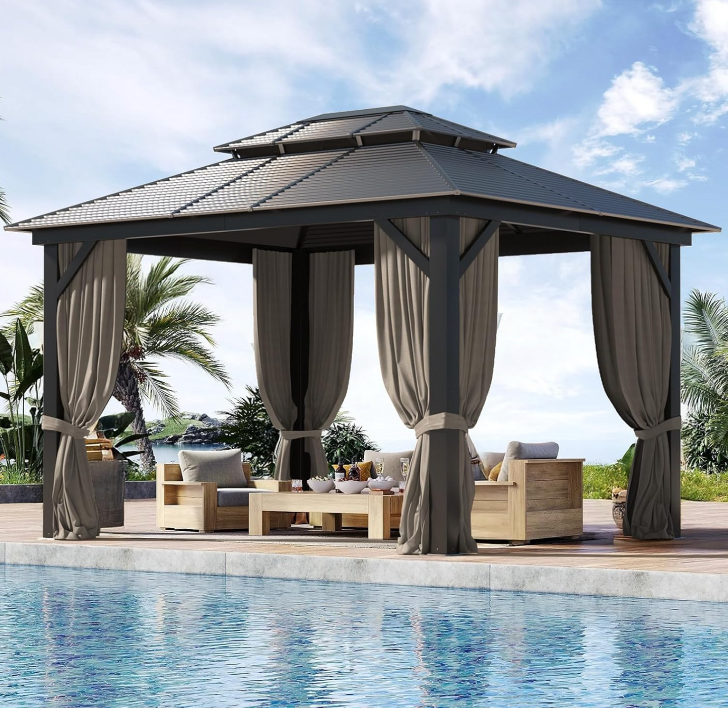 10x12ft Hardtop Gazebo With Curtain, Netting, Double Roof
