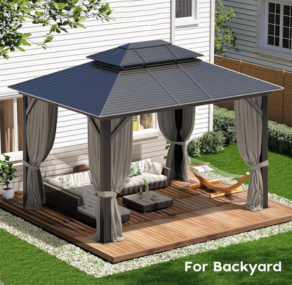 10x12ft Hardtop Gazebo With Curtain, Netting, Double Roof
