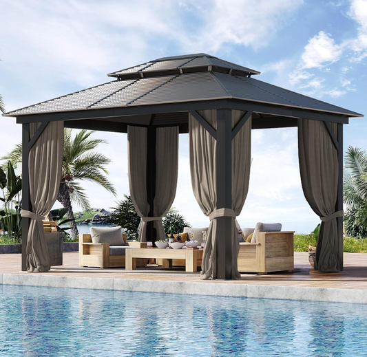 10x12ft Hardtop Gazebo With Curtain, Netting, Double Roof